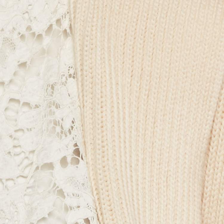 Pre Owned Valentino Cream Knit Lace Trim Hooded Cardigan M