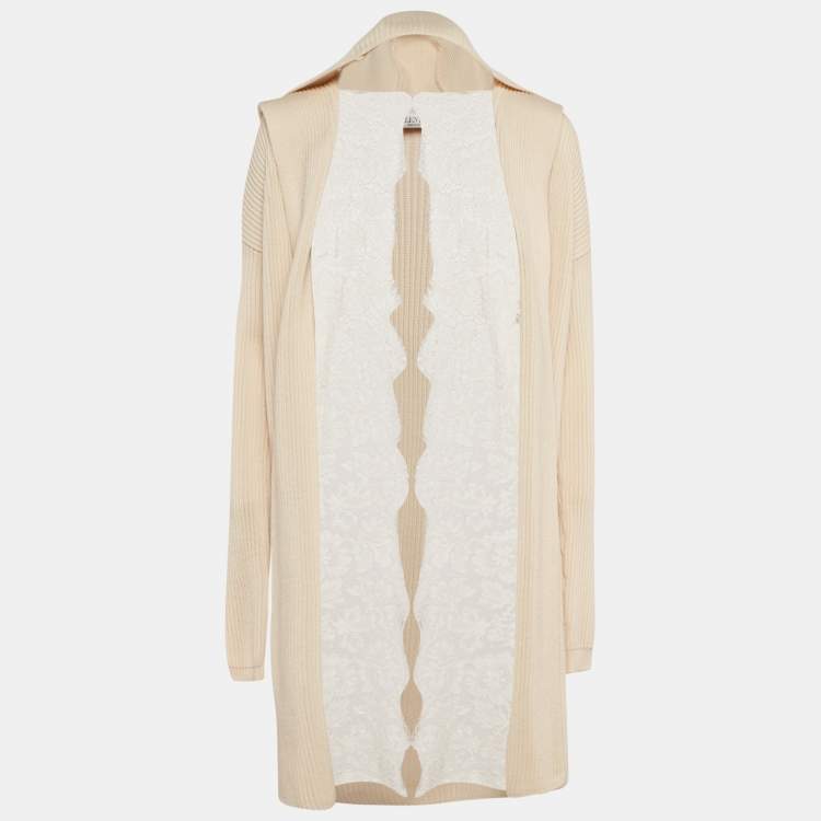 Pre Owned Valentino Cream Knit Lace Trim Hooded Cardigan M
