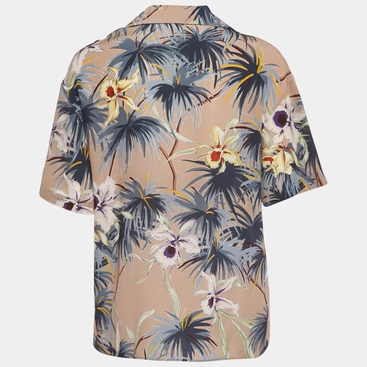 Pre Owned Valentino Brown/Grey Hawaiian Print Silk Crepe Short Sleeve Shirt M 