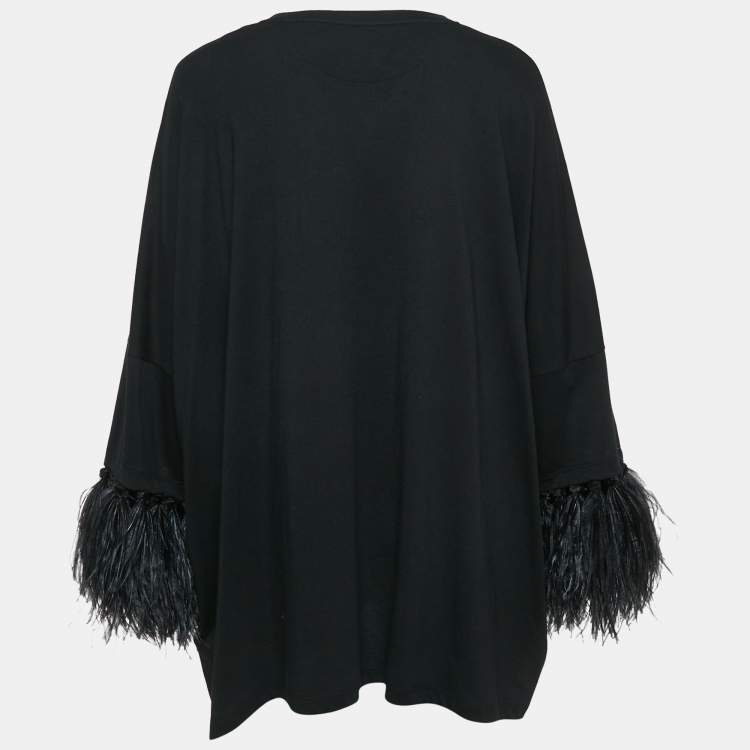 Pre Owned Valentino Black Cotton Feather Trimmed Tunic Top XS