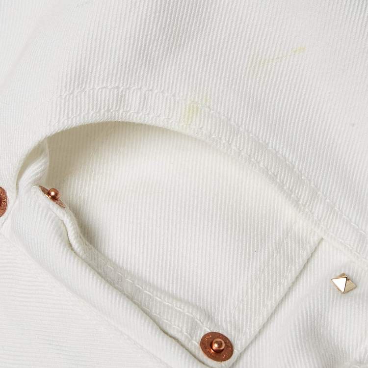 Pre Owned Valentino White Studded Denim Wide Leg Jeans L Waist 31"