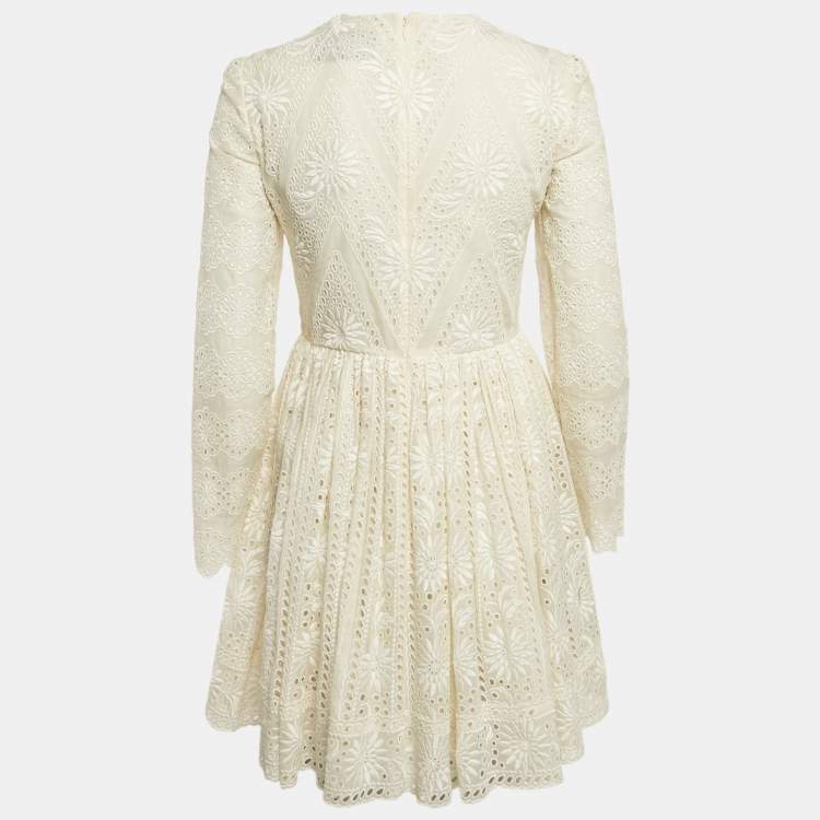Pre Owned Valentino Cream Lace Flared Full Sleeve Mini Dress S