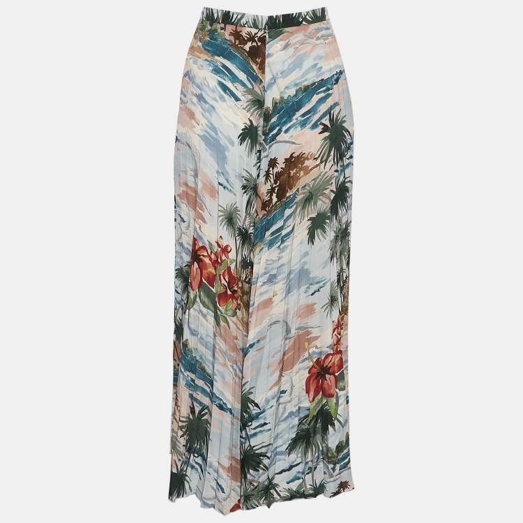 Pre Owned Valentino Multicolor Printed Silk Plisse Long Skirt M