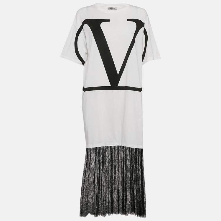 Pre Owned Valentino White Logo Print Cotton Knit and Lace Flared Midi Dress M