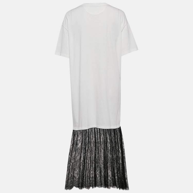 Pre Owned Valentino White Logo Print Cotton Knit and Lace Flared Midi Dress M
