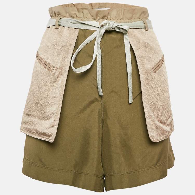 Pre Owned Valentino Beige/Green Crepe and Silk Pocket Detail Shorts S