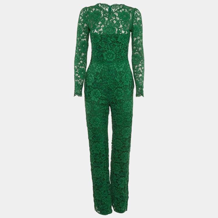 Pre Owned Valentino Green Lace Long Sleeve Jumpsuit S