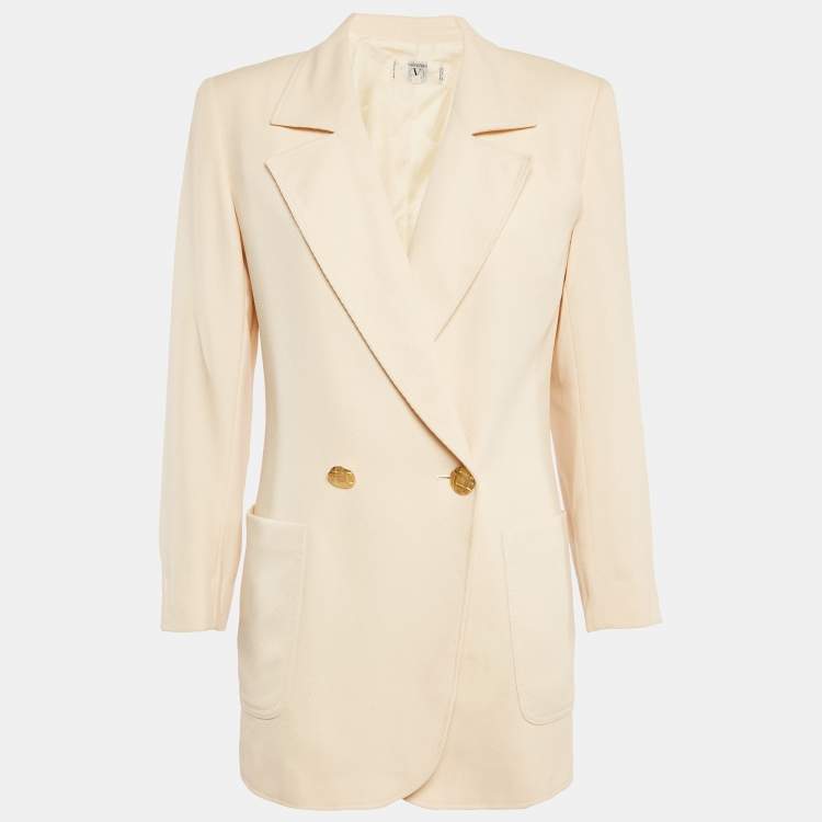Pre Owned Valentino Vintage Cream Basket Weave Double Breasted Blazer M