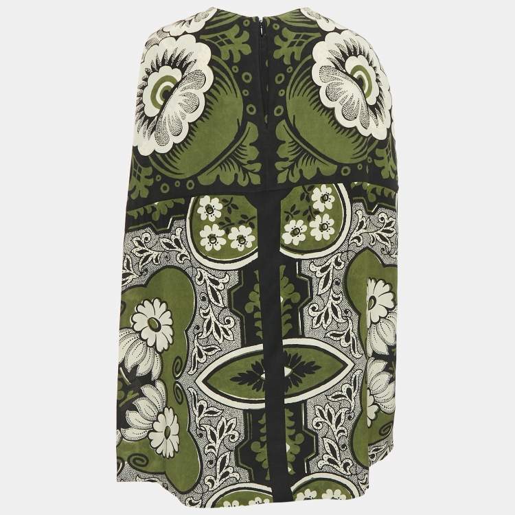 Pre Owned Valentino Green Abstract Print Silk Cape Mini Dress L
