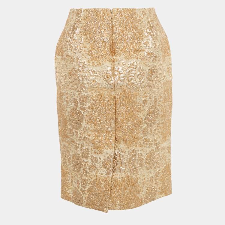 Pre Owned Valentino Gold Floral Brocade Pencil Skirt M