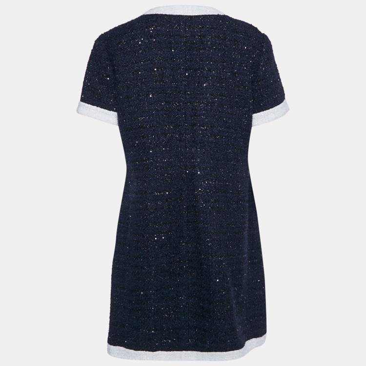 Pre Owned Valentino Navy Blue Sequin Embellished Lurex Bouclé-Tweed Mini Dress L