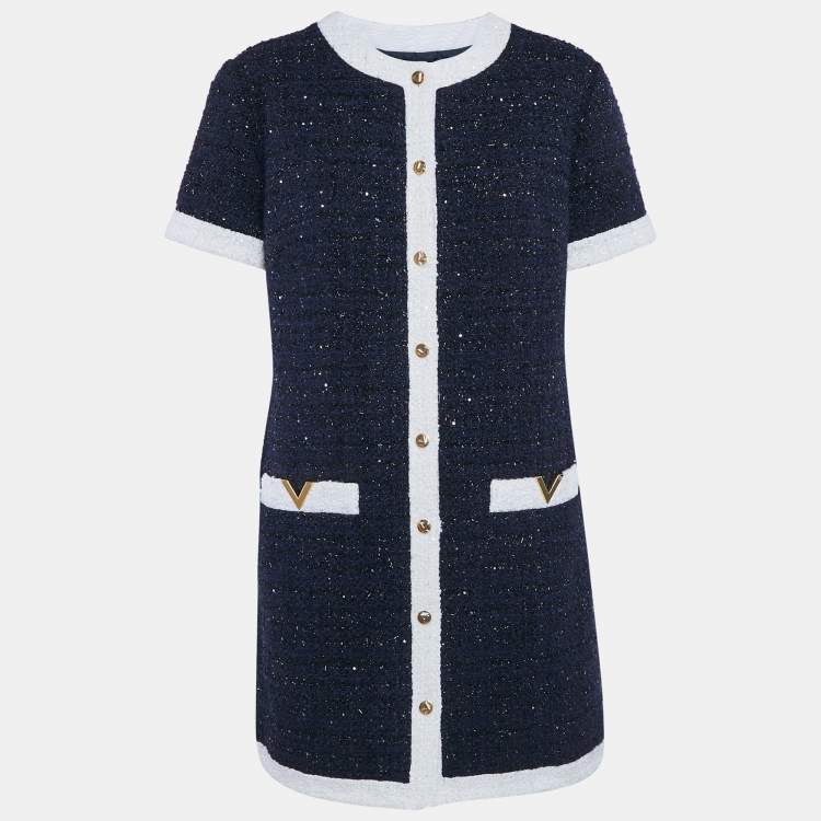 Pre Owned Valentino Navy Blue Sequin Embellished Lurex Bouclé-Tweed Mini Dress L