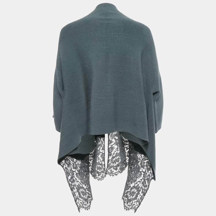 Pre Owned Valentino Grey Wool Rib Knit & Lace Trim Open Cardigan M