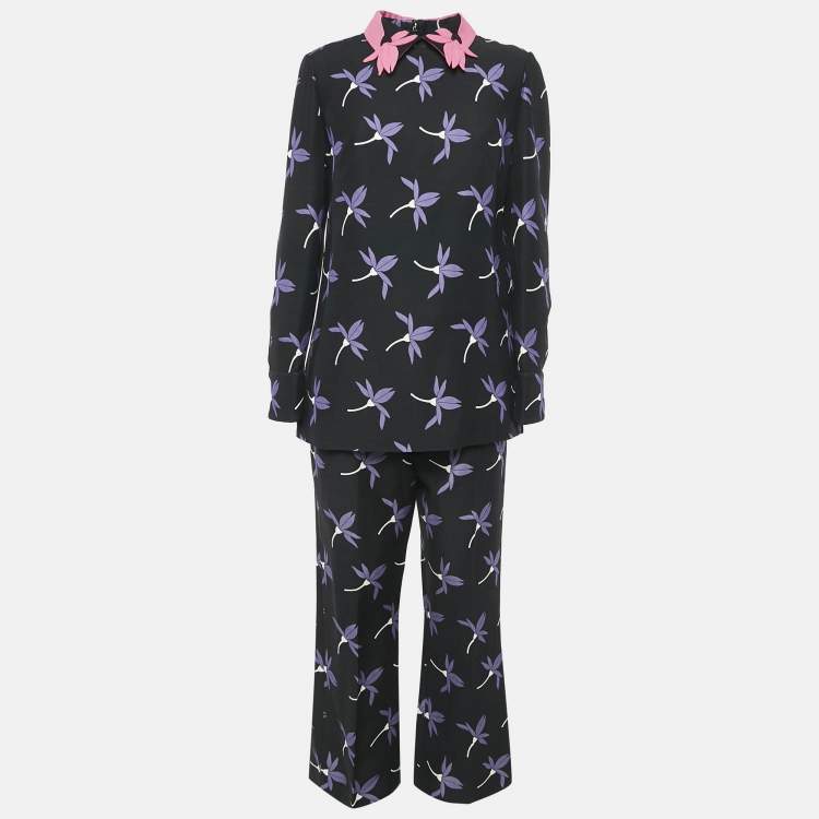 Pre Owned Valentino Black Floral Print Wool Blend Top and Pants Set M
