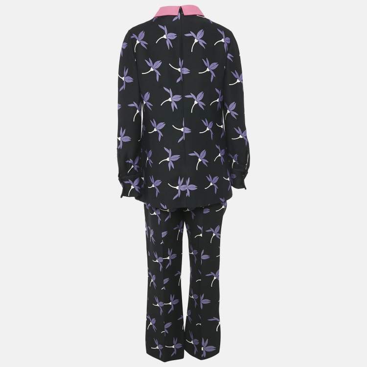 Pre Owned Valentino Black Floral Print Wool Blend Top and Pants Set M