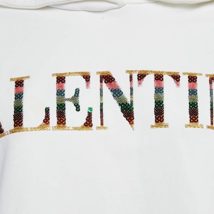 Pre Owned Valentino White Logo Sequin Embellished Cotton Knit Hoodie M