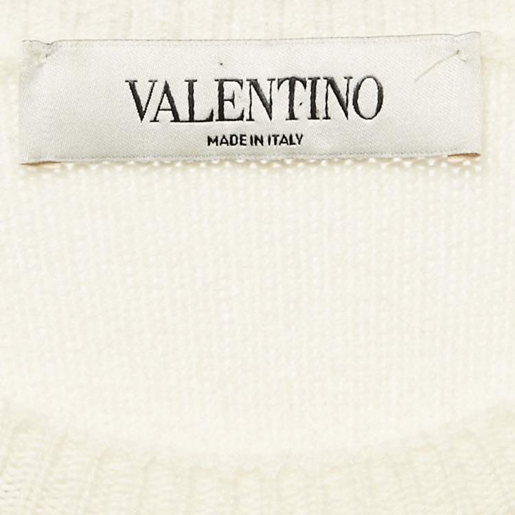 Pre Owned Valentino White/Black Logo Jacquard Cashmere Knit Sweater S