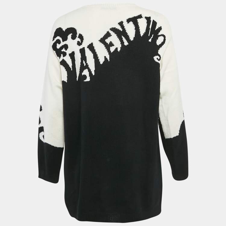 Pre Owned Valentino White/Black Logo Jacquard Cashmere Knit Sweater S