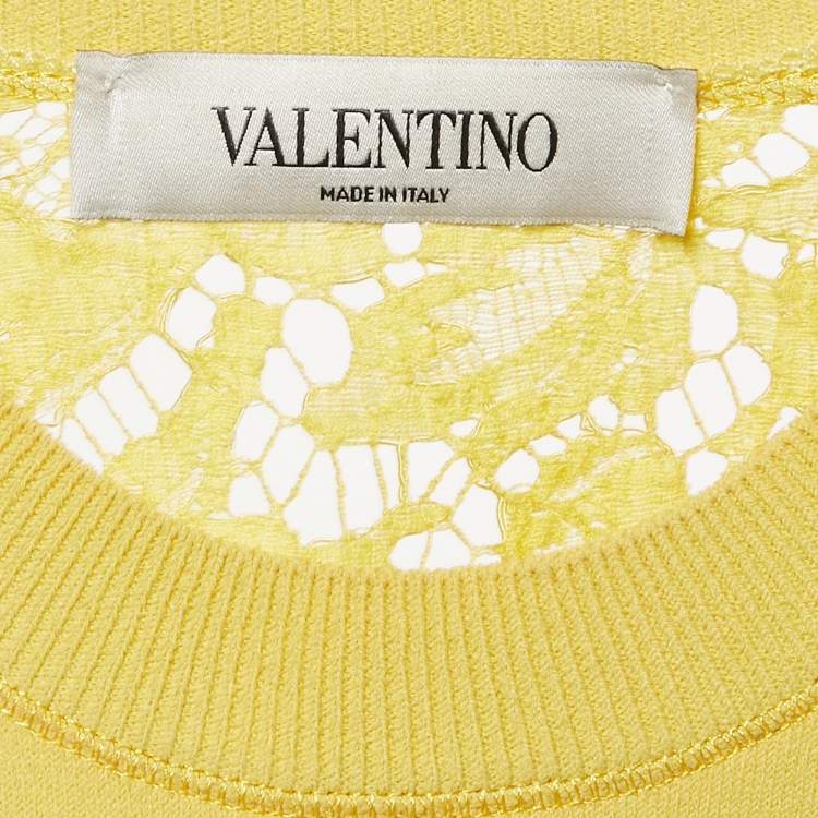 Pre Owned Valentino Yellow Lace and  Jersey Crew Neck Top M