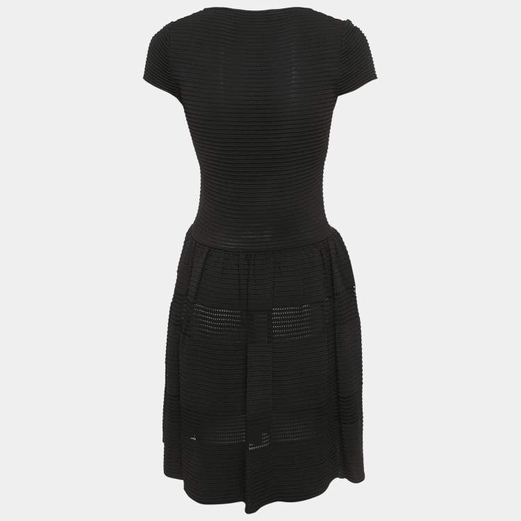 Pre Owned Valentino Black Patterned Knit Cap Sleeve Mini Dress M