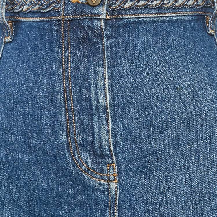 Pre Owned Valentino Blue Denim Braid Detail Waist Midi Skirt S