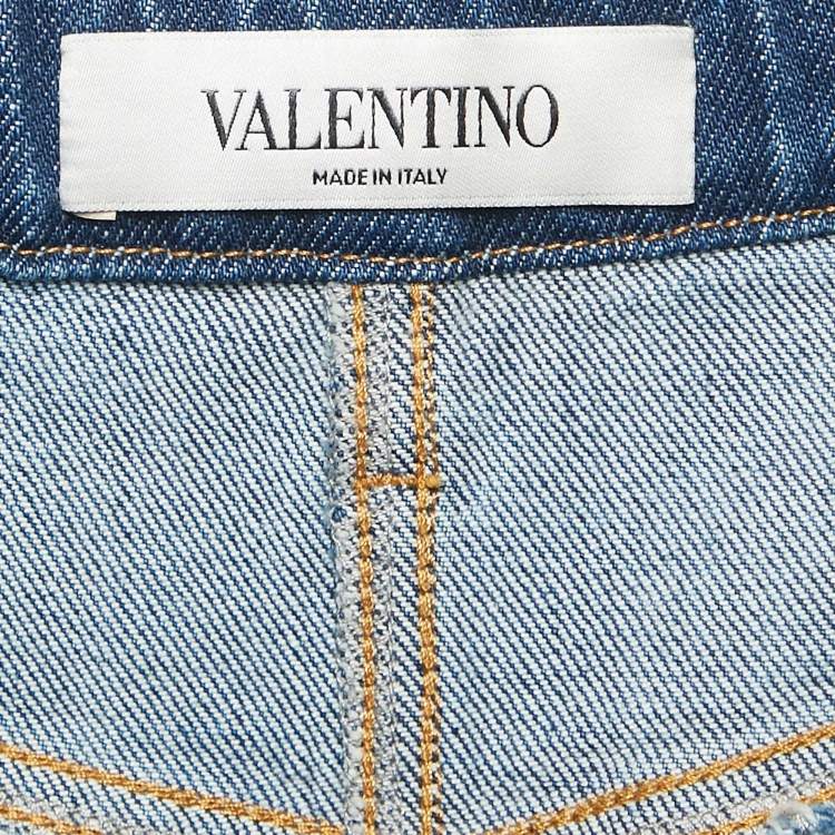 Pre Owned Valentino Blue Denim Braid Detail Waist Midi Skirt S