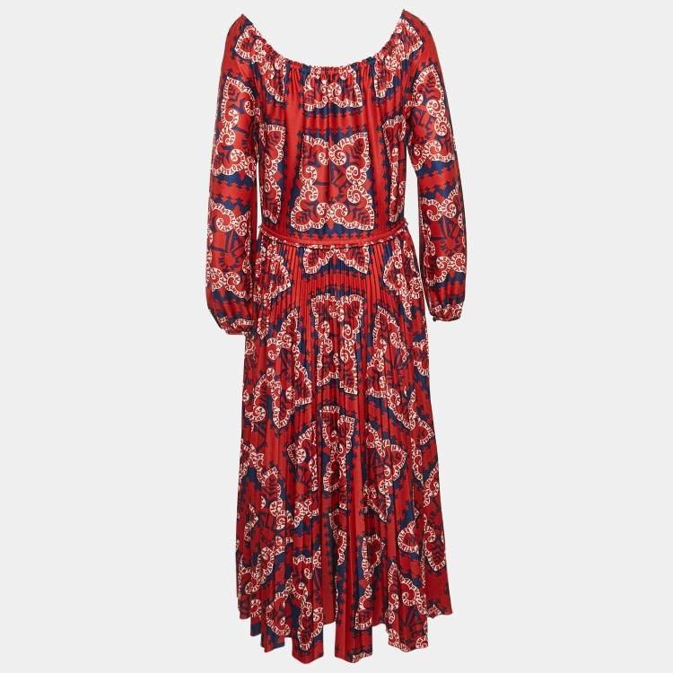 Pre Owned Valentino Red Printed Jersey Pleated Off-Shoulder Maxi Dress M