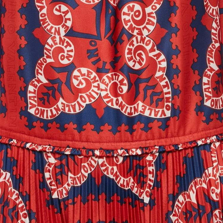 Pre Owned Valentino Red Printed Jersey Pleated Off-Shoulder Maxi Dress M