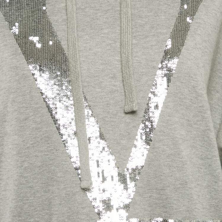 Pre Owned Valentino Grey Logo Sequin Cotton Knit Hooded Sweatshirt L