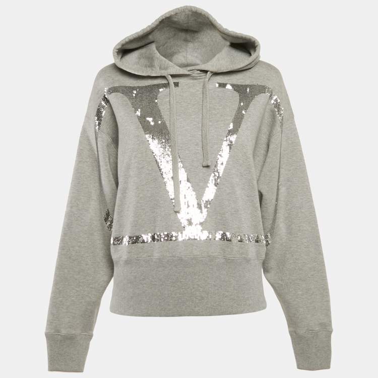 Pre Owned Valentino Grey Logo Sequin Cotton Knit Hooded Sweatshirt L