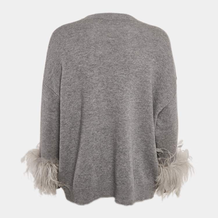 Pre Owned Valentino Grey Wool Feather Detail Crew Neck Sweater XS