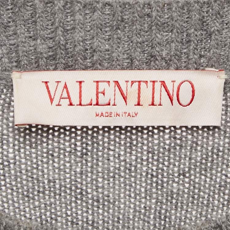 Pre Owned Valentino Grey Wool Feather Detail Crew Neck Sweater XS