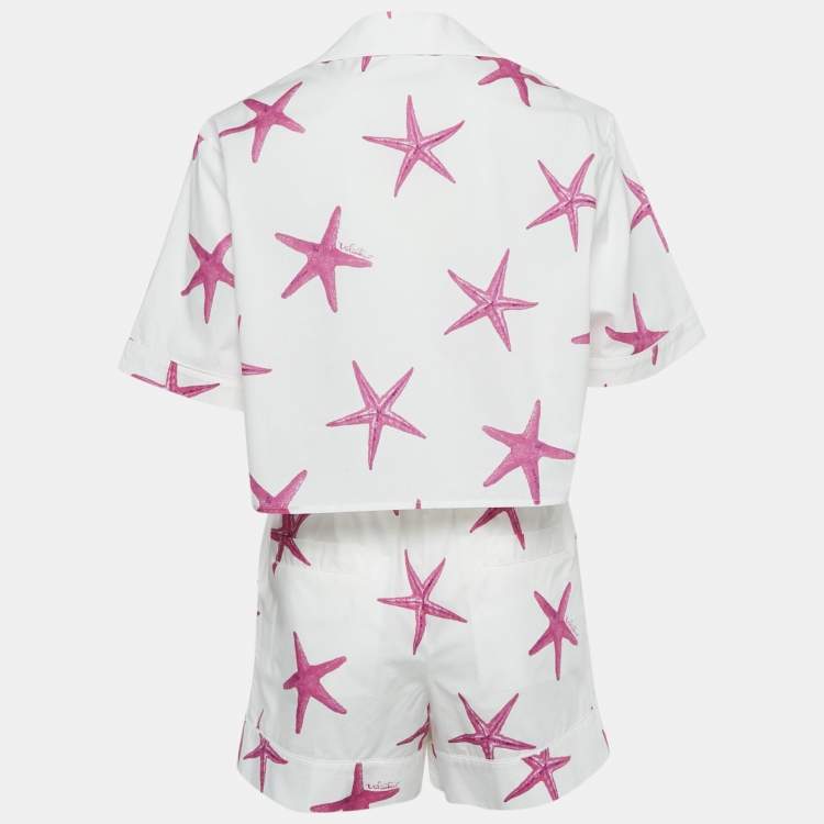 Pre Owned Valentino White Star Fish Print Cotton Shirts and Shorts Set S