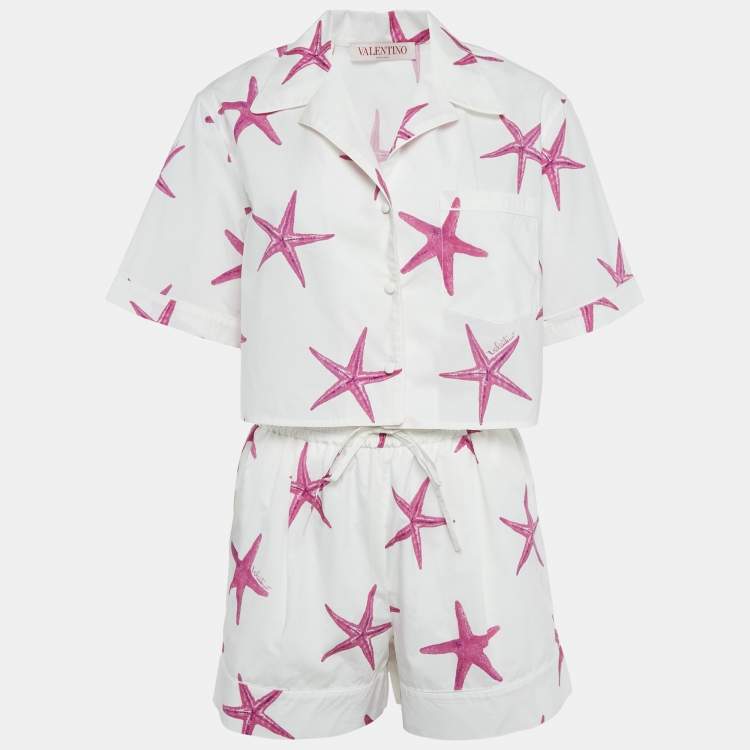 Pre Owned Valentino White Star Fish Print Cotton Shirts and Shorts Set S