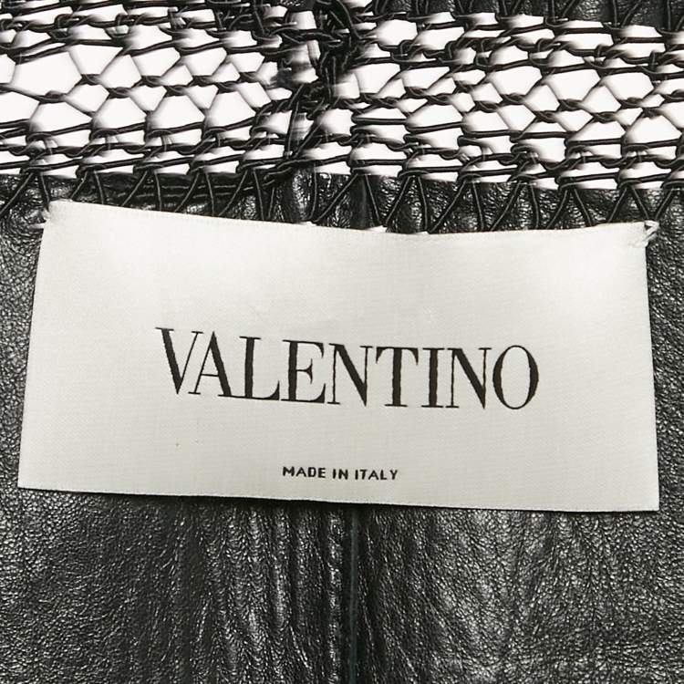 Pre Owned Valentino Black Crochet Trim Leather Cape Coat M