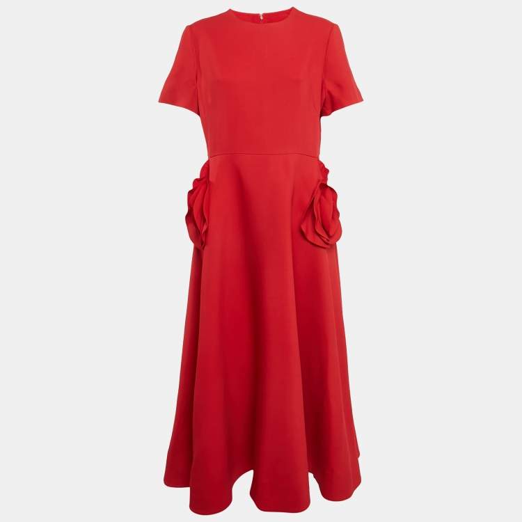 Pre Owned Valentino Red Crepe Rose Applique Detail Midi Dress XXL