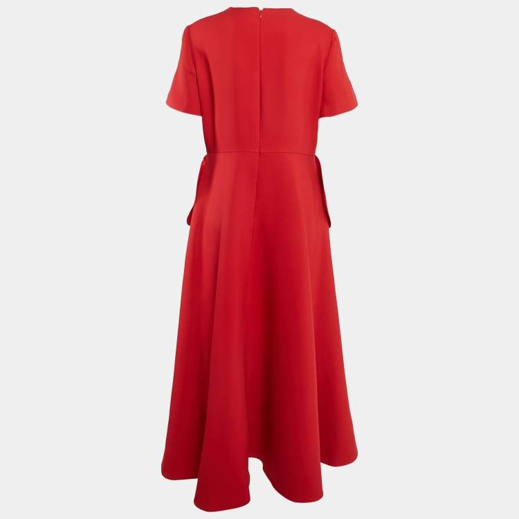 Pre Owned Valentino Red Crepe Rose Applique Detail Midi Dress XXL