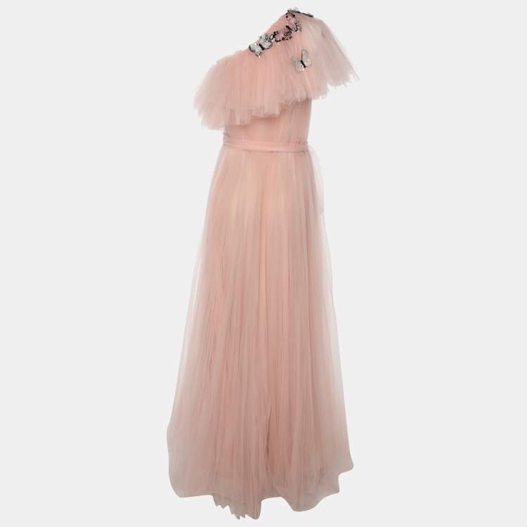 Pre Owned Valentino Pink Tulle Embellished One shoulder Evening Dress L