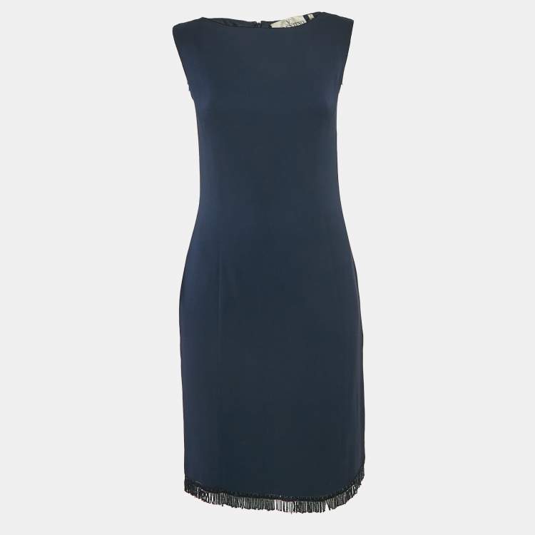 Pre Owned Valentino Navy Blue Crepe Embellished Hem Sleeveless Mini Dress M