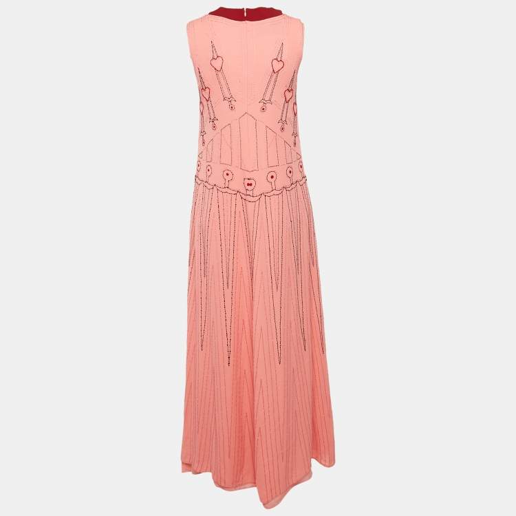 Pre Owned Valentino Pink Bead Embroidered Silk Sleeveless Maxi Dress S