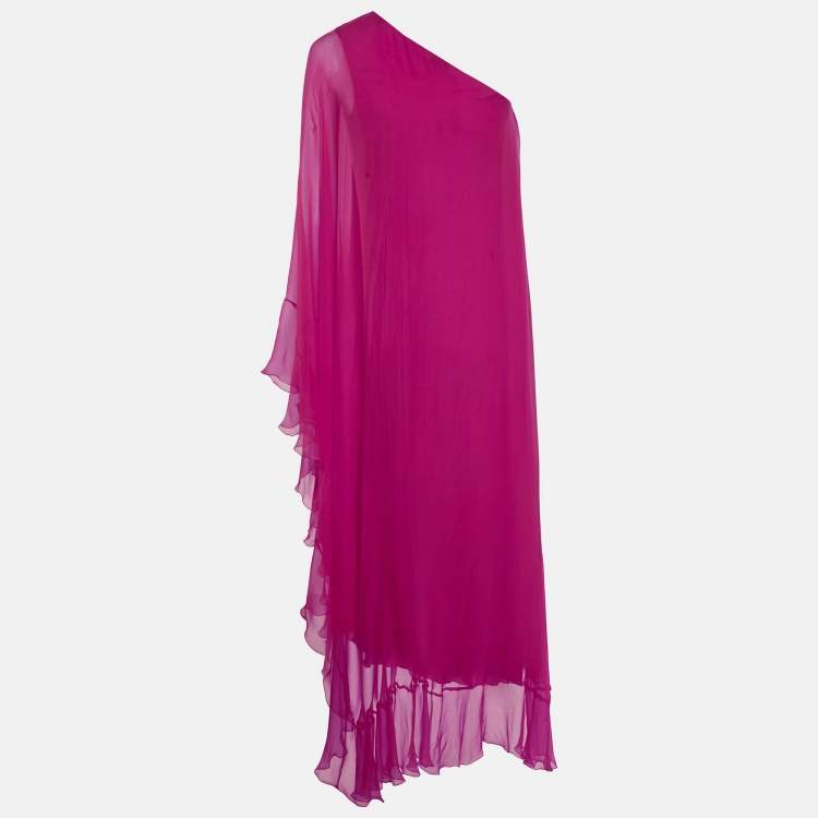 Pre Owned Valentino Fuchsia Pink Silk Chiffon One-Shoulder Maxi Dress S