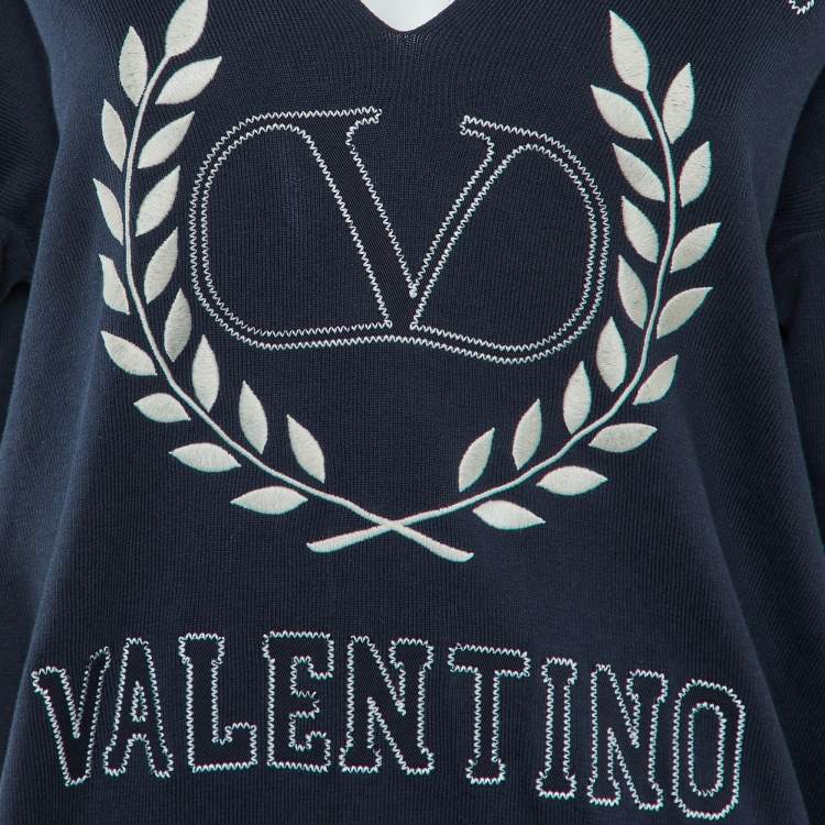 Pre Owned Valentino Navy Blue Logo Embroidered Cotton Knit Jumper S