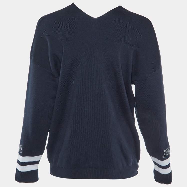 Pre Owned Valentino Navy Blue Logo Embroidered Cotton Knit Jumper S