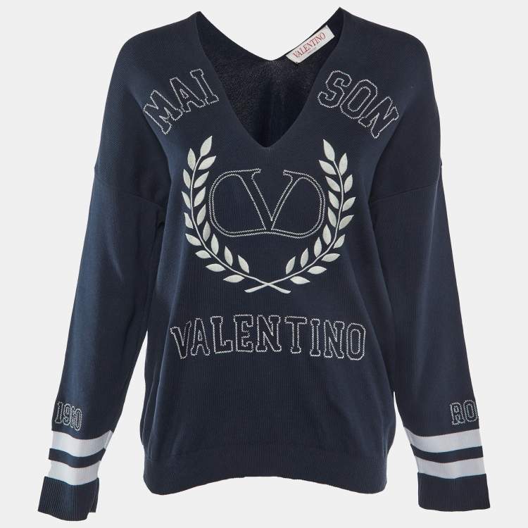 Pre Owned Valentino Navy Blue Logo Embroidered Cotton Knit Jumper S