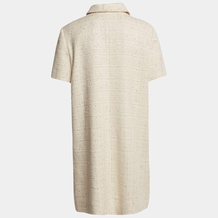 Pre Owned Valentino Off-White Sequin Tweed Button Detail Mini Dress L