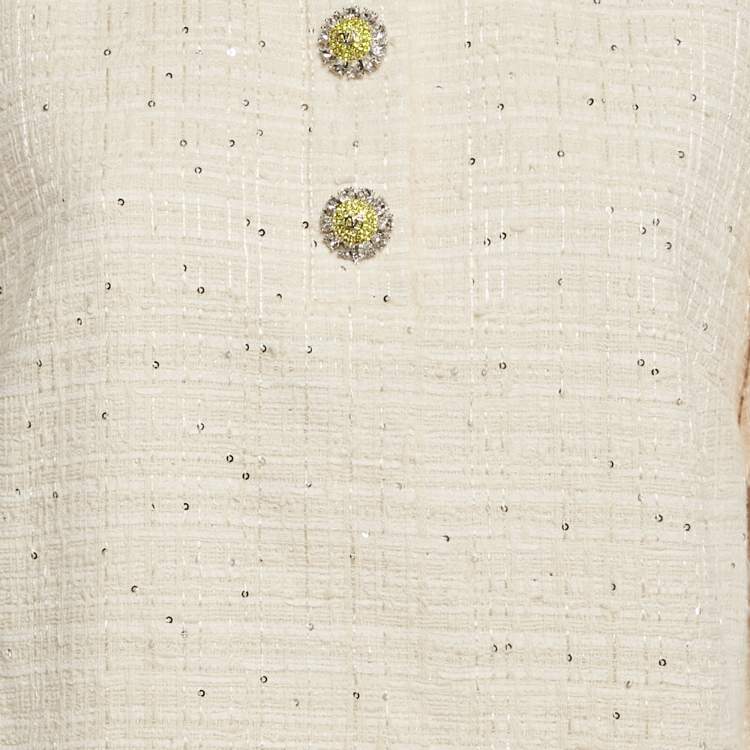 Pre Owned Valentino Off-White Sequin Tweed Button Detail Mini Dress L