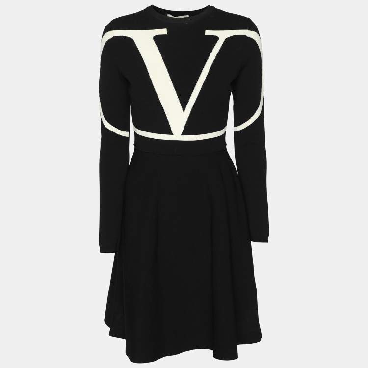 Pre Owned Valentino Black/White Stretch Crepe V Logo Midi Dress XS
