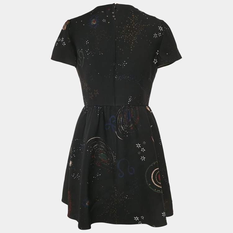 Pre Owned Valentino Black Cosmo Print Wool Blend Mini Dress M