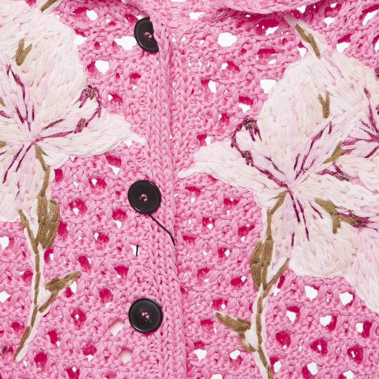 Pre Owned Valentino Pink Floral Embroidered Crochet Short Sleeve Cardigan S
