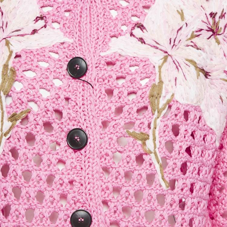 Pre Owned Valentino Pink Floral Embroidered Crochet Short Sleeve Cardigan S